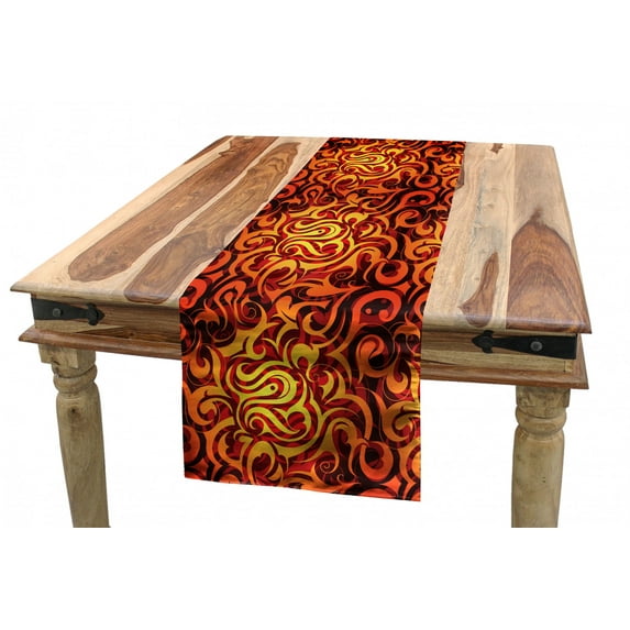 Abstract Table Runner, Surreal Floral Pattern with Swirls Curves Foliage Design with Warm Colors, Dining Room Kitchen Rectangular Runner, 3 Sizes, by Ambesonne