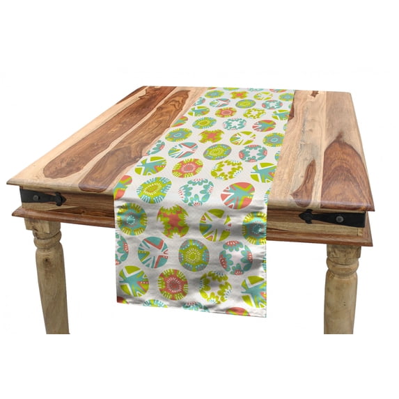 Abstract Table Runner, Tender Colorful Floral Ornamental Round Shapes on Polka Dots, Dining Room Kitchen Rectangular Runner, 3 Sizes, by Ambesonne