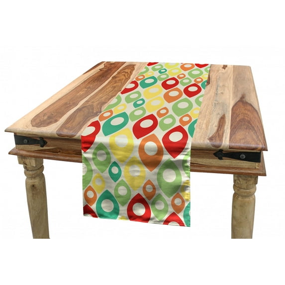 Abstract Table Runner, Vintage Rainbow Colored Geometric Shapes in Various Sizes Nostalgic Backdrop Print, Dining Room Kitchen Rectangular Runner, 3 Sizes, by Ambesonne