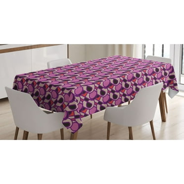 Abstract Tablecloth, Irregular Geometrical with Bold Outlines and Spots, Rectangle Satin Table Cover Accent for Dining Room and Kitchen, 60" X 84", Purple Pink, by Ambesonne