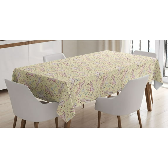 Abstract Tablecloth, Watercolor Unicorns Pattern with Pale Tones on Pastel Flower and Stars Background, Rectangle Satin Table Cover for Dining Room and Kitchen, 60" X 90", Multicolor, by Ambesonne