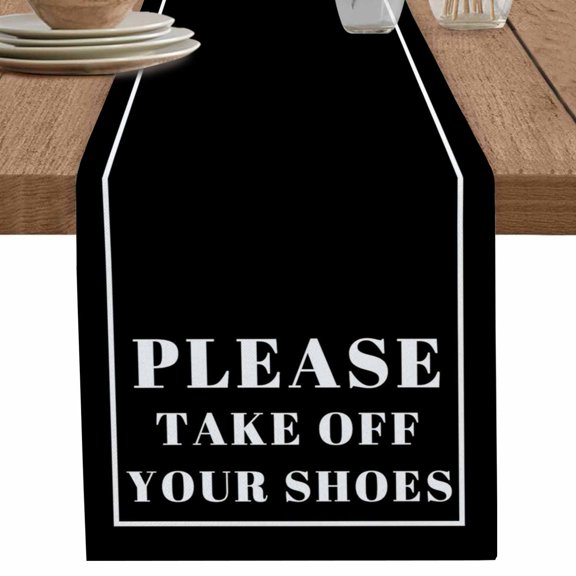 Abstract Take off Your Shoes on Black Table Runner-70 Inch Long Modern Art Table Runners Linen Burlap Tablerunner for Kitchen Dining Room Holiday Party