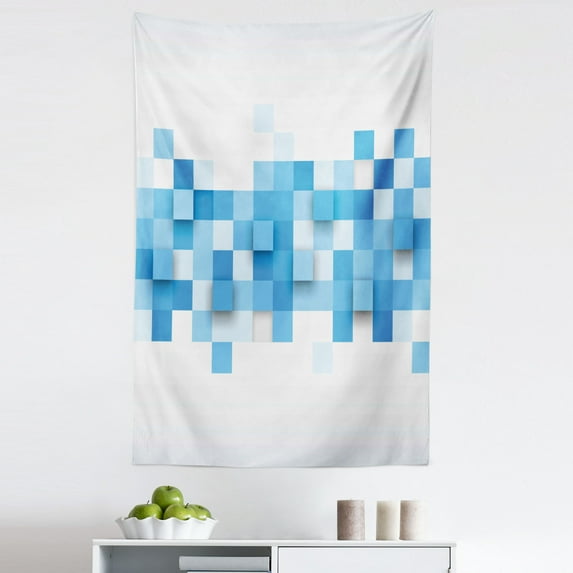 Abstract Tapestry, 3D Graphic Illustration Squares Pattern Modern Mosaic Geometric Design, Fabric Wall Hanging Decor for Bedroom Living Room Dorm, 5 Sizes, Pale Blue Blue White, by Ambesonne