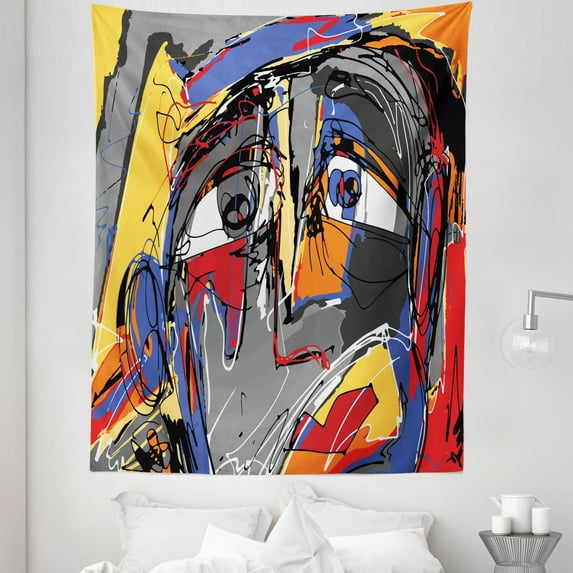 Abstract Tapestry, Abstract Surreal Contemporary Modern Art Scribble Face with Red Details, Fabric Wall Hanging Decor for Bedroom Living Room Dorm, 5 Sizes, Grey Mustard and Blue, by Ambesonne