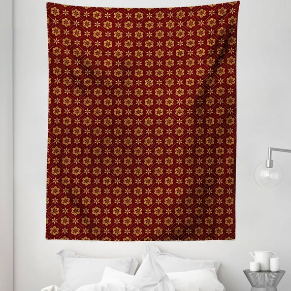 Abstract Tapestry, Dotted Pattern with Swirled Stripes and Flowers in Geometric Illustration, Fabric Wall Hanging Decor for Bedroom Living Room Dorm, 5 Sizes, Maroon Pale Brown, by Ambesonne