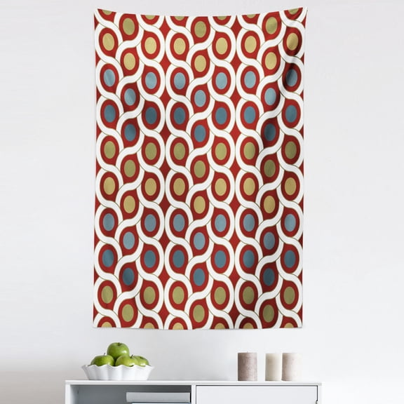 Abstract Tapestry, Geometric Interlace Circular Forms Dots Rounds in Symmetric Lines Art Design, Fabric Wall Hanging Decor for Bedroom Living Room Dorm, 5 Sizes, Ruby Khaki Blue, by Ambesonne