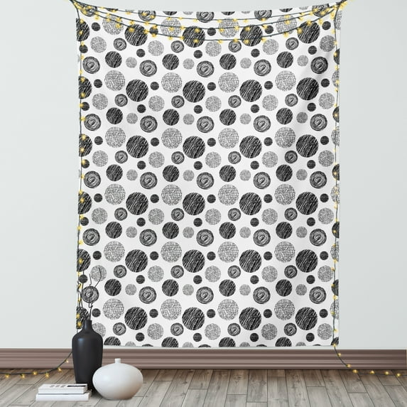 Abstract Tapestry, Hand Drawn Circular Doodle Lines Dots Swirls Pattern Monochrome Simplistic Design, Wall Hanging for Bedroom Living Room Dorm Decor, 60W X 80L Inches, Black White, by Ambesonne