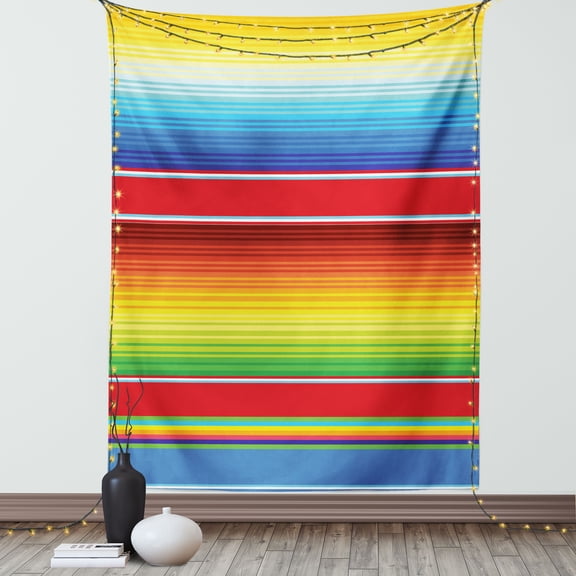 Abstract Tapestry, Horizontal and Colored Ethnic Blanket Rug Lines Pattern Vibrant Abstract Design, Wall Hanging for Bedroom Living Room Dorm Decor, 60W X 80L Inches, Multicolor, by Ambesonne