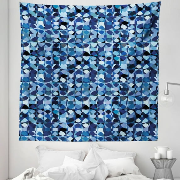 Abstract Tapestry, Intertwined Circular Elements in Monochrome, Fabric Wall Hanging Decor for Bedroom Living Room Dorm, 5 Sizes, Night Blue Pale Blue, by Ambesonne
