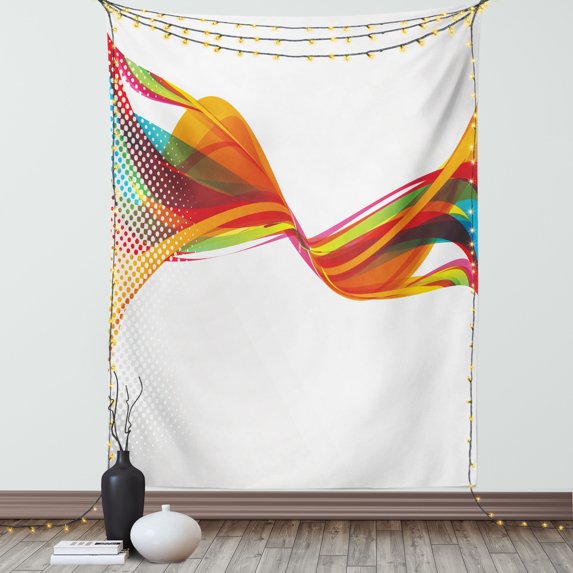 Abstract Tapestry, Rainbow Curved Wave Smoke like Image with Pixel Style Detailed Work of Art Print, Wall Hanging for Bedroom Living Room Dorm Decor, 60W X 80L Inches, Multicolor, by Ambesonne