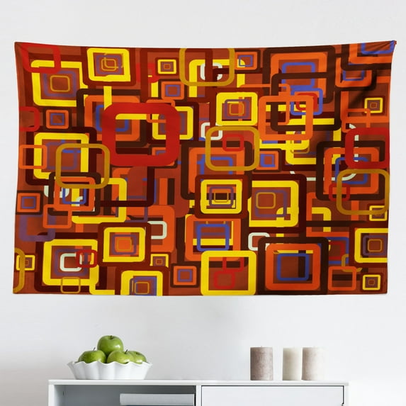 Abstract Tapestry, Retro Inner Circles Pattern with Squares Mosaic Style Old Fashion Print, Fabric Wall Hanging Decor for Bedroom Living Room Dorm, 2 Sizes, Brown Grey Teal White, by Ambesonne