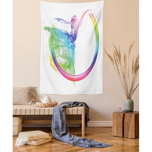 Abstract Tapestry, Smoke Dance Shape Silhouette of Dancer Ballerina Rainbow Colors Fantasy, Wall Hanging for Bedroom Living Room Dorm Decor, 40" X 60", Aqua Yellow