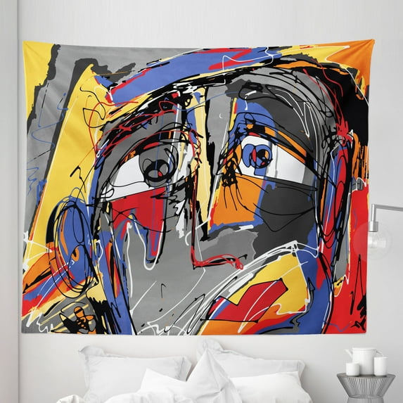 Abstract Tapestry, Abstract Surreal Contemporary Modern Art Scribble Face with Red Details, Fabric Wall Hanging Decor for Bedroom Living Room Dorm, 5 Sizes, Grey Mustard and Blue, by Ambesonne