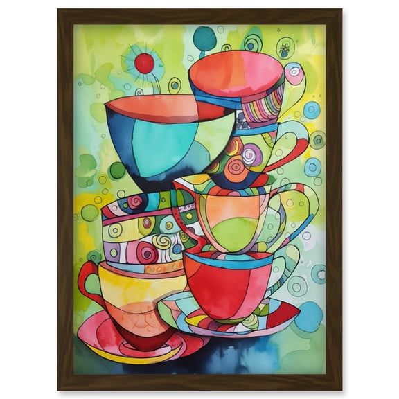 Abstract Tea Cups Folk Art Kitchen Artwork Framed Wall Art Print A4