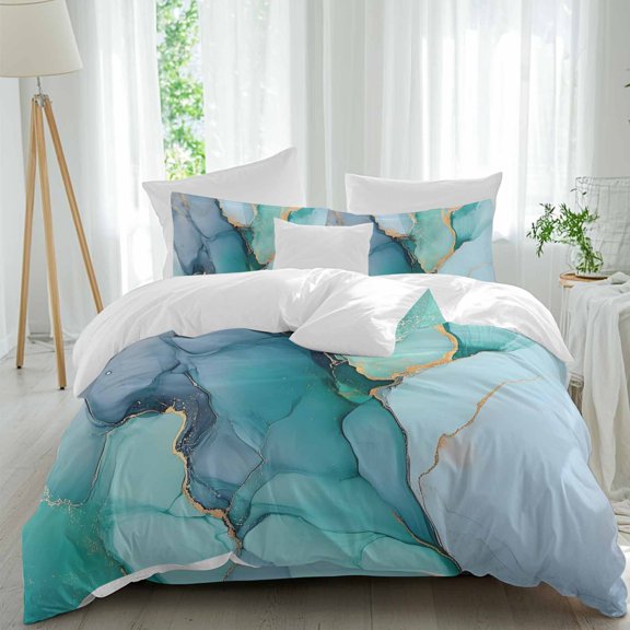 Abstract Teal 4 Piece Duvet Cover Set Queen Size Green Marble Cracks Texture Crystal Modern Soft Bedding Set Comforter Cover, 1 Duvet Cover 1 Flat Sheets and 2 Pillowcases