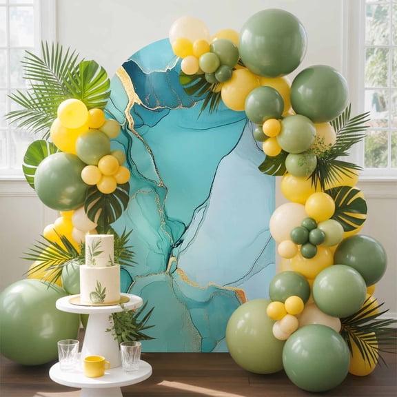 Abstract Teal Arch Backdrop Cover, 5FT, Aqua Marble Cracks Texture Crystal Modern Spandex Arch Covers Double-Sided Backdrop for Wedding Birthday Party Photo Background Decoration