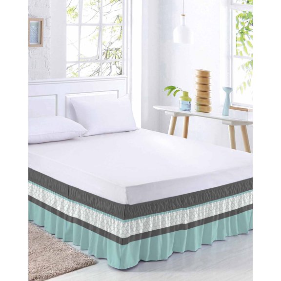 Abstract Teal Bed Skirt Queen Size 16 Inch Drop, Grey Stripes Moroccan Geometric Modern Retro Adjustable Elastic Dust Ruffles Bedskirt for Queen Bed Wrap Around Pleated Mattress Frame Cover