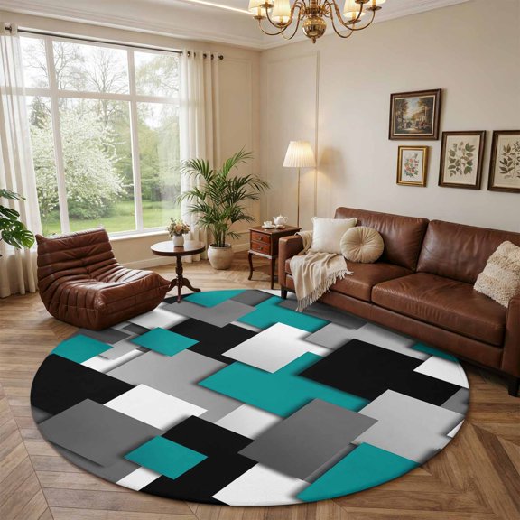 Abstract Teal Black Gray White Square Round Area Rug 5ft, Washable Non-Slip Low Pile Rug Modern Geometric Art Soft Non-Slip Carpet, Indoor Carpet for Entryway Bedside Dorm