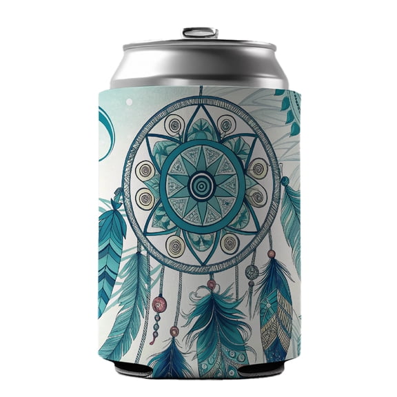Abstract Teal Blue Dream Catcher Southwestern Design Drink Beer Soda Insulated Sleeve Holder Can Cooler Hugger