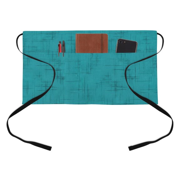 Abstract Teal Blue Kitchen Restaurant Half Waist Apron, Modern Minimalist Coastal Farmhouse Turquoise Server Short Apron with 3 Pockets Waterproof Oil Waist Aprons for Women Waitress Waiter