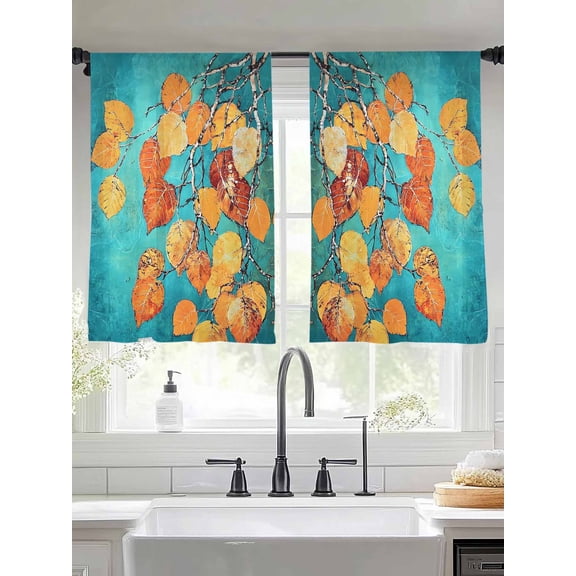 Abstract Teal Blue Sheer Curtains for Living Room Bedroom Modern Oil Painting Maple Leaf Branch Sheer Curtains 45 Inch Long 2 Panels Set Light Filtering Curtain Window Treatments Drapes