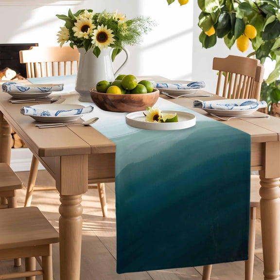 Abstract Teal Coastal Beach Table Runner-90 Inch Long Summer Watercolor Gradient Table Runners Linen Burlap Tablerunner for Kitchen Dining Room Holiday Party