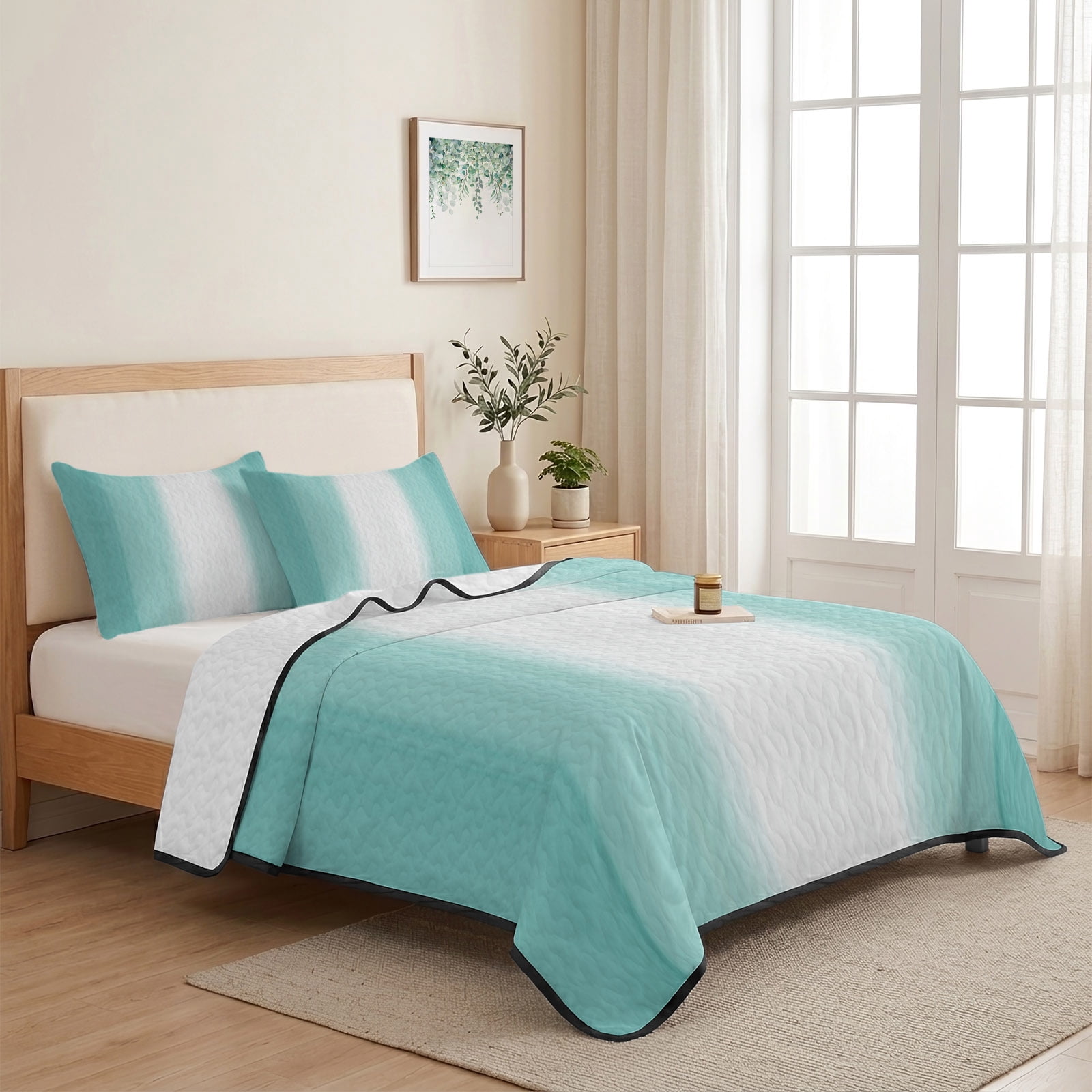 Abstract Teal Color Gradient 3 Pieces Quilt Set,1 Quilt with 2 Shams ...