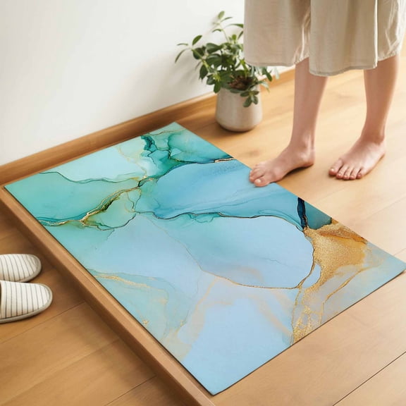Abstract Teal Door Mat 16x24 Inch Green Gold Marble Natural Stone Cracks Modern Entryway Rug with Non-Slip Rubber, Inside Floor Mats Front Door Rug for Living Room Bathroom Bedroom Home Office