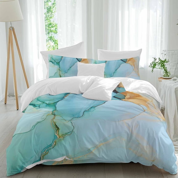 Abstract Teal Duvet Cover Set King Size, Green Gold Marble Natural Stone Cracks Modern 4 Piece Soft Microfiber Bedding Set with 1 Duvet Cover, 1 Flat Sheet, 2 Pillowcases