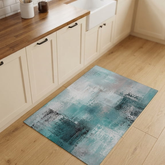 Abstract Teal Entryway Rug 2'x3' Non Slip Front Door Mats, Modern Oil Painting Color Blocks Artwork Entrance Rugs Indoor Outdoor Carpet, Washable Floor Mats Small Area Rug for Bedroom Kitchen