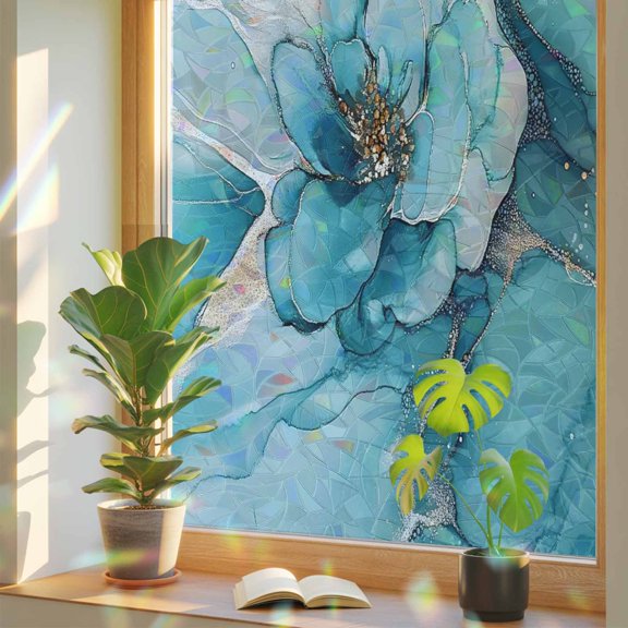 Abstract Teal Flower Marble Style Window Privacy Film, Rainbow Film Decorative Window Sticker 17.7x39.3in, Modern Floral Pattern Sun Blocking Static Stained Glass Cling Tint Non-Adhesive