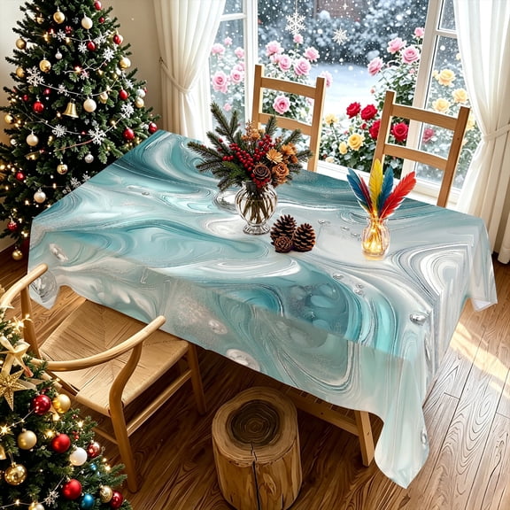 Abstract Teal Fluid Marble Swirl Print Rectangular Tablecloth, for Kitchen Dining Backyard Patio Christmas Winter Gatherings, Housewarming Festive Gift Multi-Size
