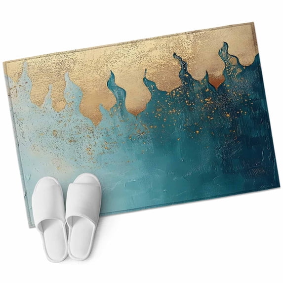 Abstract Teal Gold Area Rug 2x3ft Shinny Gold Gradient Geometric Lines Non-Slip Washable Square Rugs Soft Felt Indoor Floor Mat for Bedroom Kitchen Living Room Bathroom