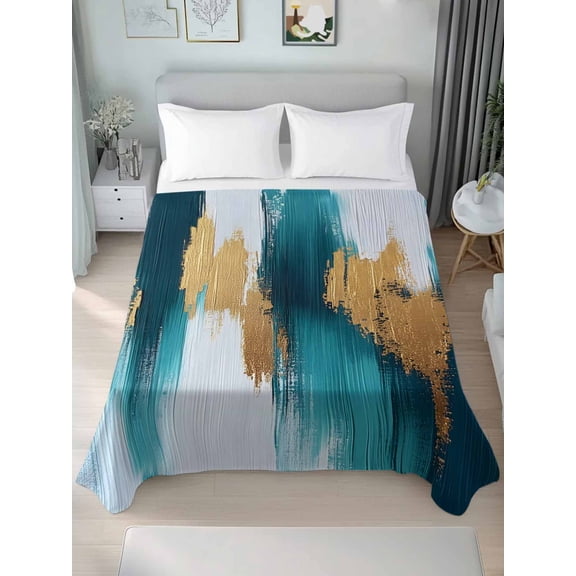 Abstract Teal Gold Queen Size Flat Sheet, Wrinkleproof & Fadeproof Cooling Flat Bed Sheet Only, Green White Wall Art Textured Breathable Soft Bedding Top Sheets 90 x 102 Inches