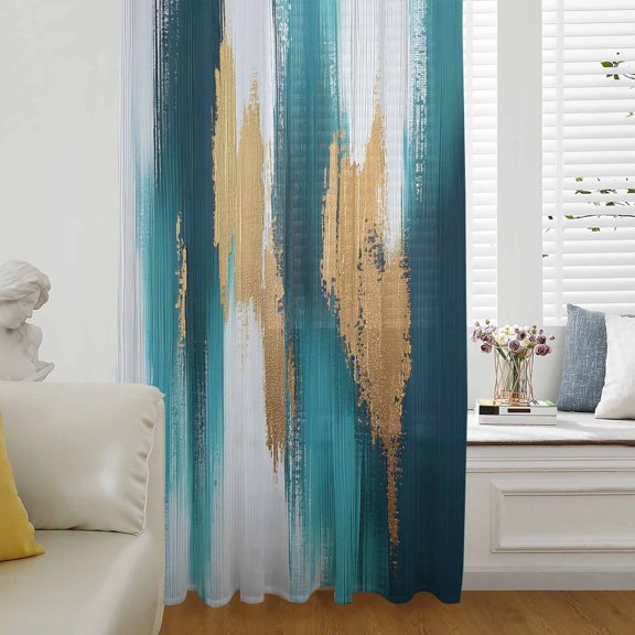 Abstract Teal Gold Semi Sheer Curtains Drapes for Living Room, Bedroom, French Doors Window 96 Inches Long, Green White Wall Art Textured Rod Pocket Chiffon Curtain Drapery Voile Draperies Panel