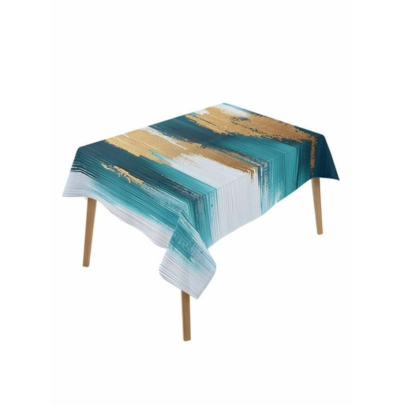 Abstract Teal Gold Table Cloth, Green White Wall Art Textured Waterproof Tablecloth for Rectangle Tables, Reusable Washable Fabric Table Cover for Restaurant Kitchen Dining Tables 60"x84"