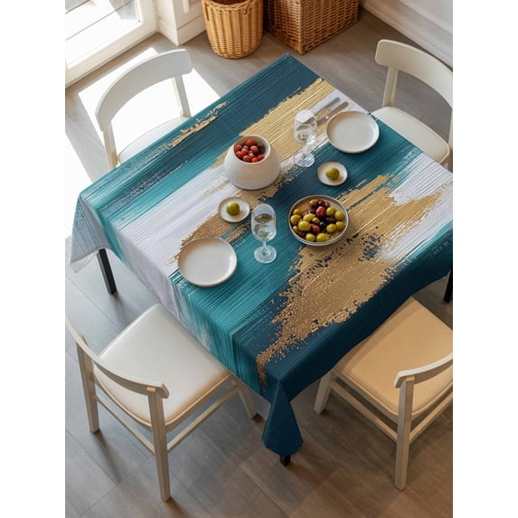 Abstract Teal Gold Tablecloth Square Table Cloth 54x54, Waterproof Outdoor Table Cloth Covers Decorative Table Protector, Green White Wall Art Textured Washable Table Cover for Kitchen Dinning Party