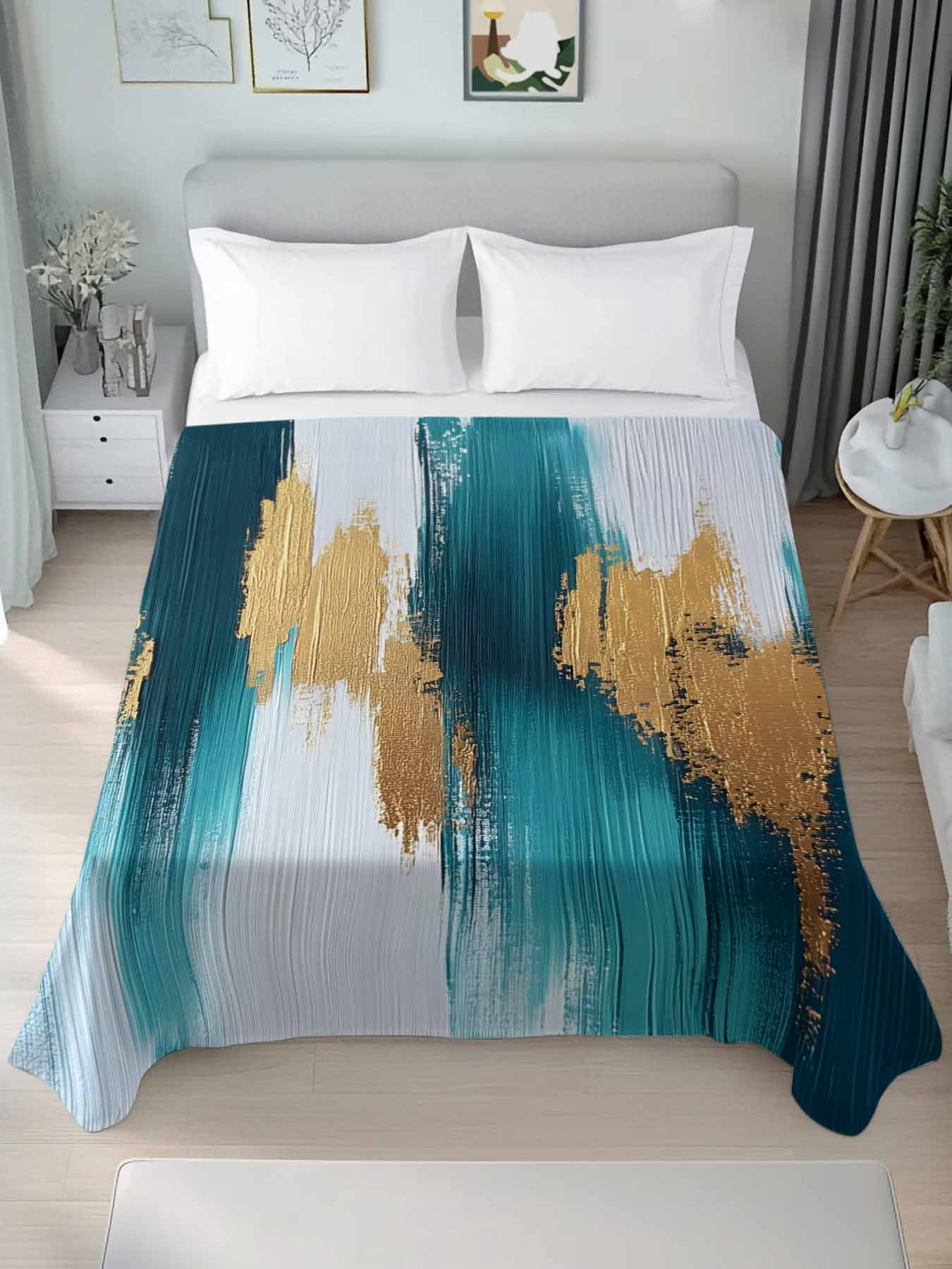 Abstract Teal Gold Twim Size Flat Sheet, Wrinkleproof & Fadeproof ...