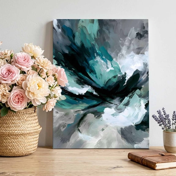 Abstract Teal Gray Canvas Wall Art, Modern Minimalist Gradient Green Grey Pictures Wall Decor Wooden Framed Artwork Art Prints for Living Room Hallway Bedroom Office 24"x32"