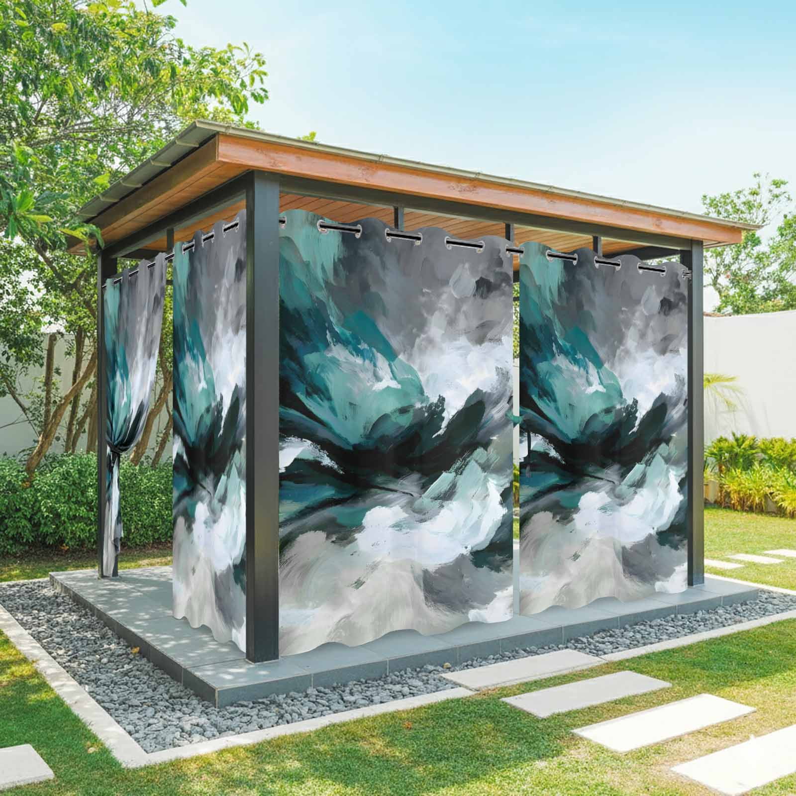 Abstract Teal Gray Outdoor Curtains for Patio, Modern Minimalist ...