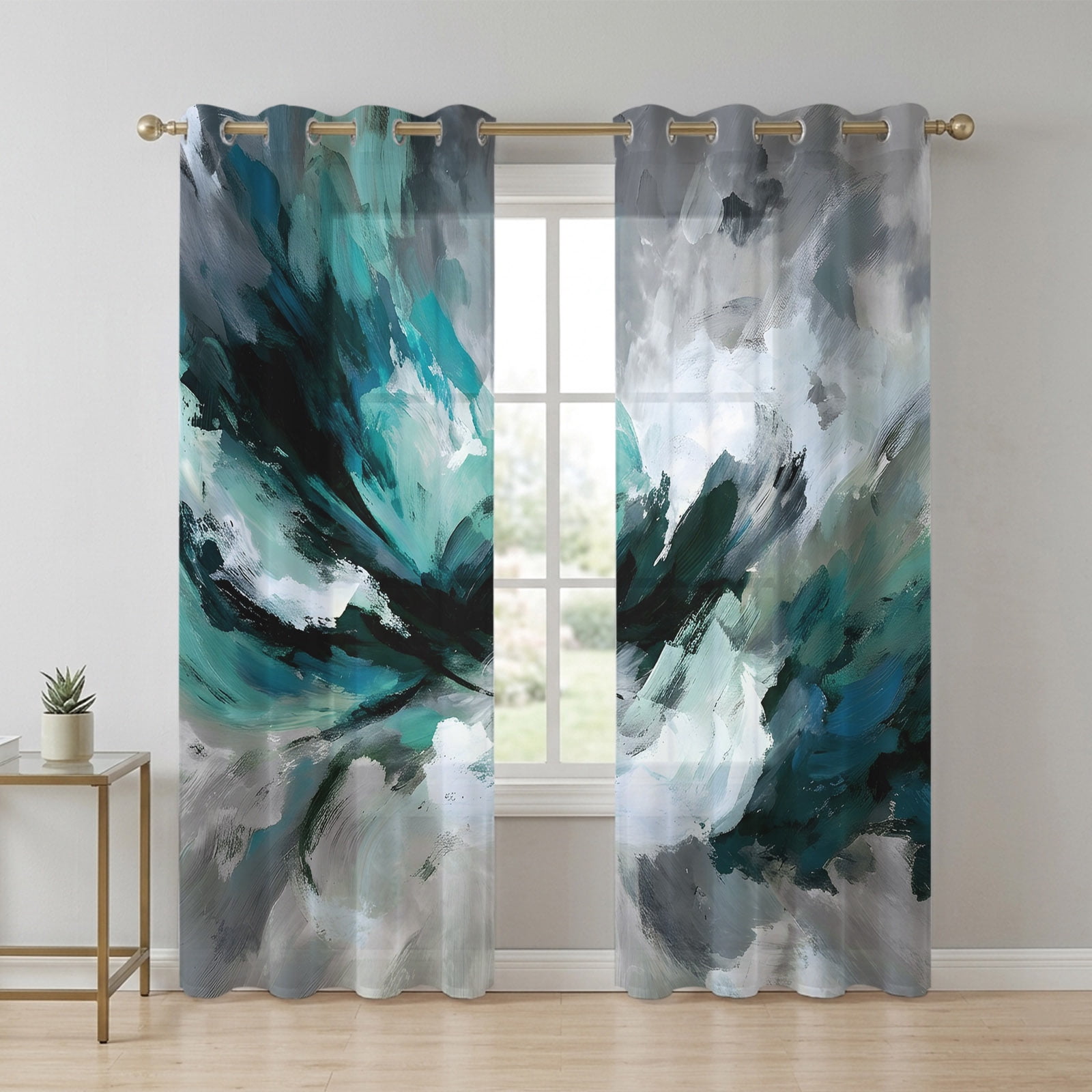 Abstract Teal Gray Sheer Curtains 63 Inch Long 2 Panels, Modern ...