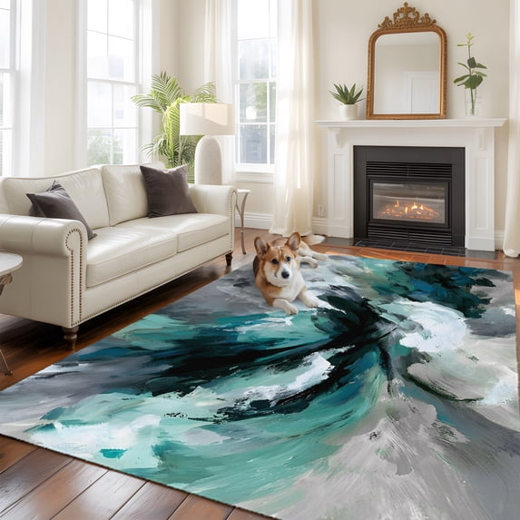 Abstract Teal Gray Washable Area Rug 5x7 Modern Minimalist Gradient ...