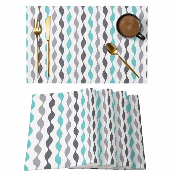 Abstract Teal Gray White Wavy Lines Placemats Set of 6,Wipeable Washable Table Mats for Dining Tables, Modern Morocco Stripes Place Mats for Kitchen Event Party Tabletop Decor