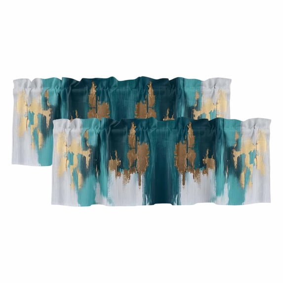 Abstract Teal Green Curtain Valances for Windows, Kitchen Valance Window Treatments Panel 2 Pack, White Gold Textured Art Rod Pocket Short Curtains for Bathroom Bedroom 60 x 18 Inch
