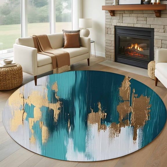 Abstract Teal Green Round Rug 5ft Washable Circle Kitchen Rugs Non Slip White Gold Textured Art Large Area Rug Indoor Floor Carpet for Bedroom Living Room Home Office Dining Room Nursery