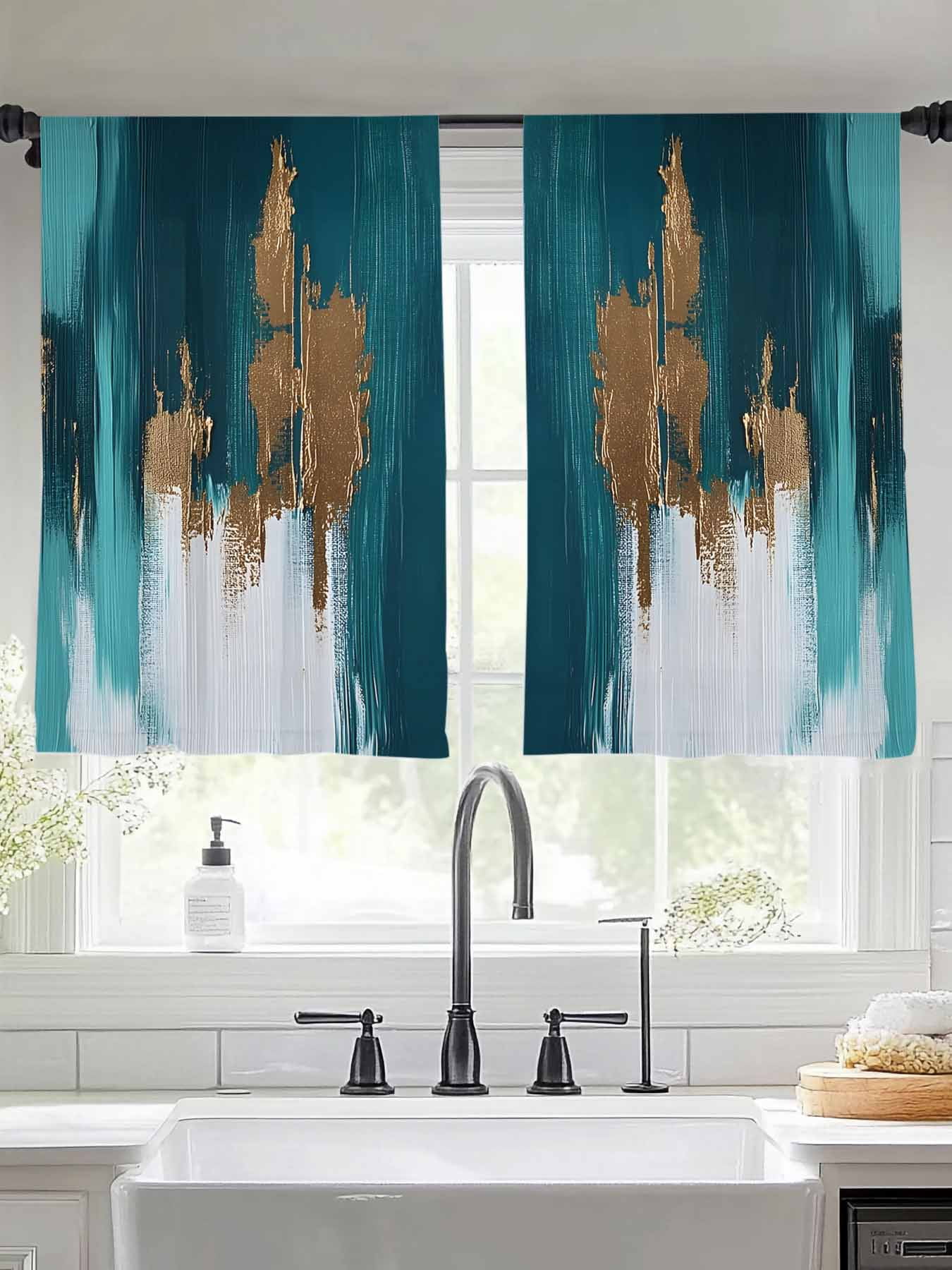 Abstract Teal Green Sheer Curtains for Living Room Bedroom White Gold