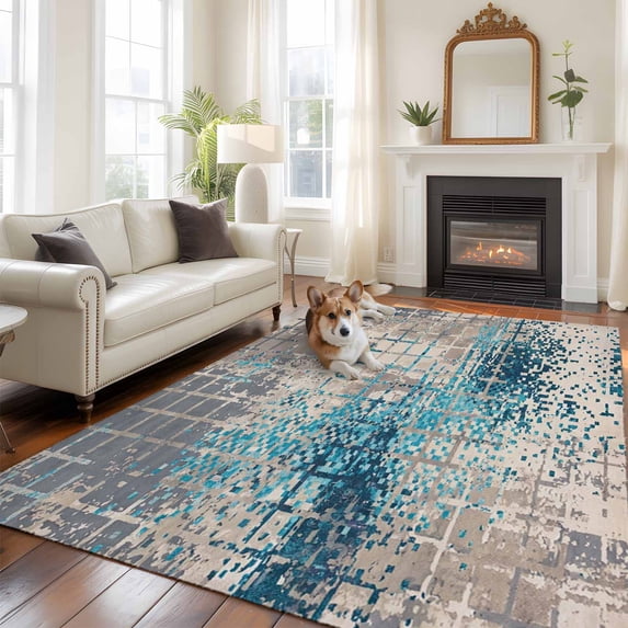 Abstract Teal Grid Lattice Rectangle Area Rug 5x7ft Minimalist ...