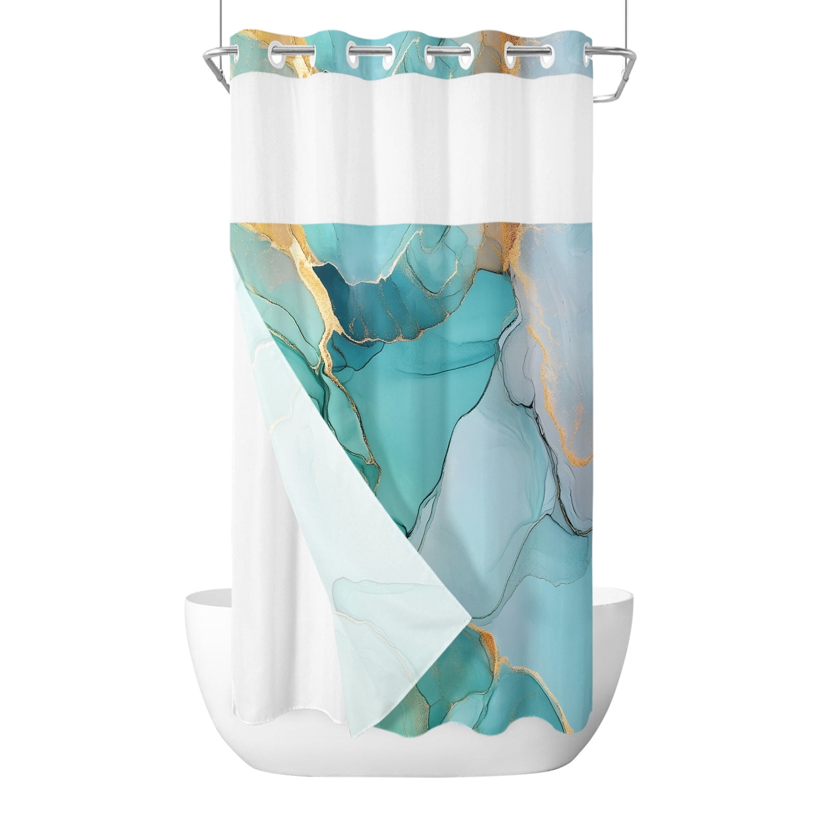 Abstract Teal No Hook Shower Curtain with Snap in Liner, Aqua Marble ...