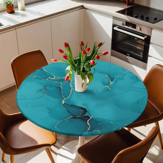 Abstract Teal Marble Liquid Texture Round Fitted Tablecloth with ...