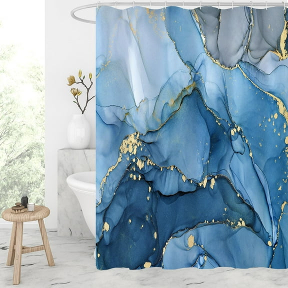 Abstract Teal Marble Shower Curtain, Turquoise Marble Shower Curtain for Bathroom, Modern Ink Art Decor Waterproof Fabric Shower Curtain Set with Hooks, 72x72